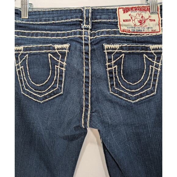 True Religion Big T Low Rise Bootcut Jeans 26‎ Made USA Blue Contrast Stitch - Picture 4 of 8